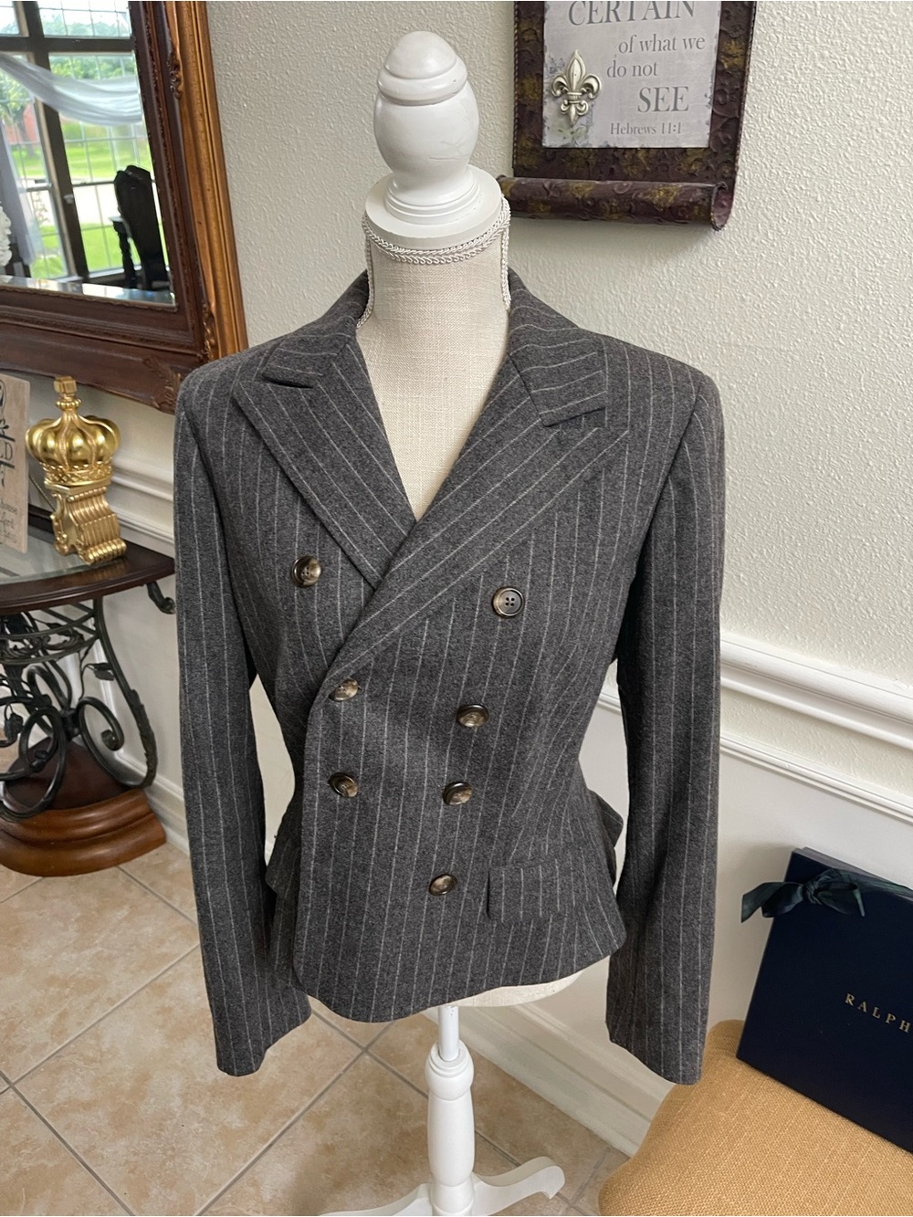 Ralph Lauren Charcoal Gray Pinstripe Double-Breasted Wool Blazer